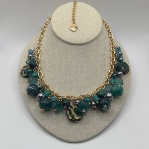 Coiris Emerald Green Teal faceted beads Goldtone Necklace NWOT
